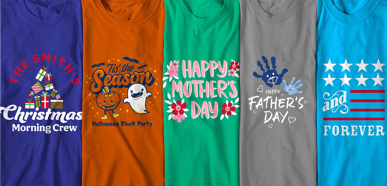 Five t-shirts are displayed with party and event t-shirt designs: a Christmas crew t-shirt, a Halloween block party, Happy Mother’s Day, Happy Father’s Day, and Fourth of July.